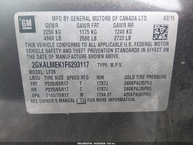 Продажа на аукционе авто 2015 Gmc Terrain Sle-1, vin: 2GKALMEK1F6293117, номер лота: 45003708