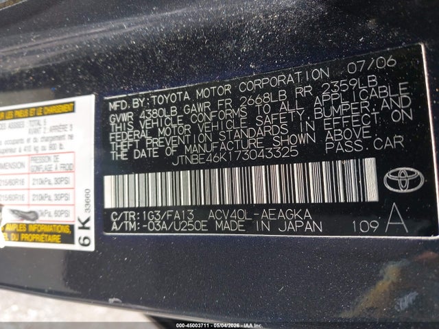 2007 Toyota Camry Xle მანქანა იყიდება აუქციონზე, vin: JTNBE46K173043325, აუქციონის ნომერი: 45003711