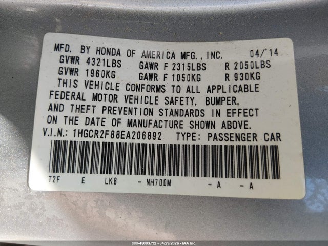 1HGCR2F88EA206892 Honda Accord Ex-l