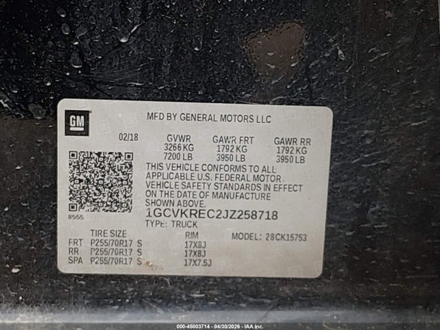 Продаж на аукціоні авто 2018 Chevrolet Silverado 1500 1lt, vin: 1GCVKREC2JZ258718, номер лоту: 45003714