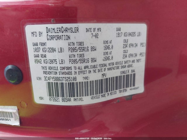 45003725 :رقم المزاد ، 3C4FY58B63T525108 vin ، 2003 Chrysler Pt Cruiser Touring مزاد بيع