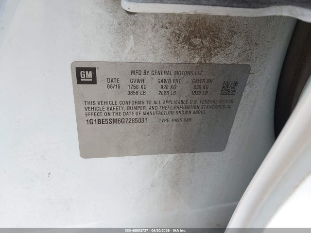 Auction sale of the 2016 Chevrolet Cruze Lt Auto, vin: 1G1BE5SM6G7285031, lot number: 45003727