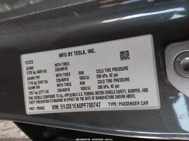 5YJ3E1EA0PF700747 Tesla Model 3 Rear-wheel Drive