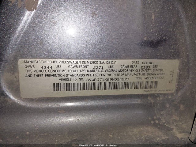 Aukcja sprzedaży 2009 Volkswagen Jetta Wolfsburg, vin: 3VWRJ71K89M034577, numer aukcji: 45003731