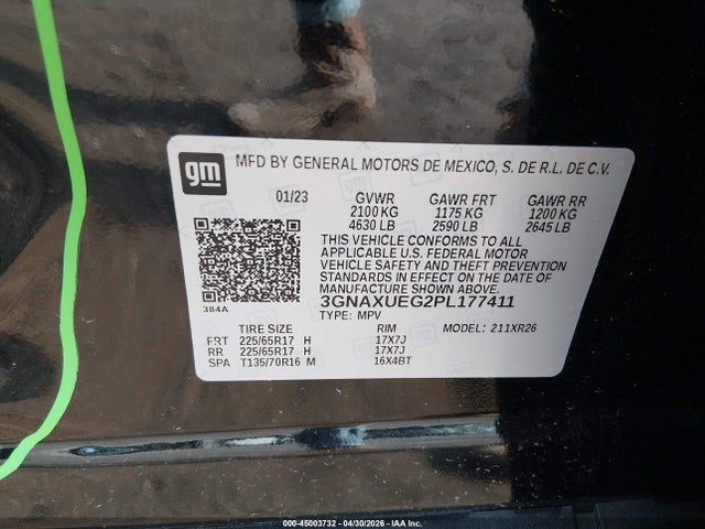 Продаж на аукціоні авто 2023 Chevrolet Equinox Awd Lt, vin: 3GNAXUEG2PL177411, номер лоту: 45003732