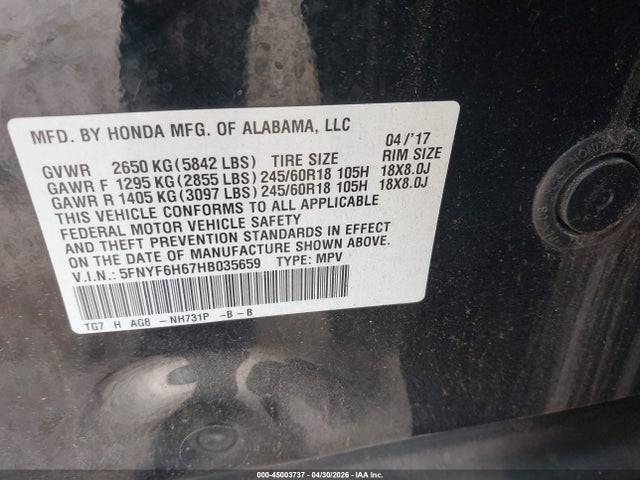 Продажа на аукционе авто 2017 Honda Pilot Ex-l, vin: 5FNYF6H67HB035659, номер лота: 45003737