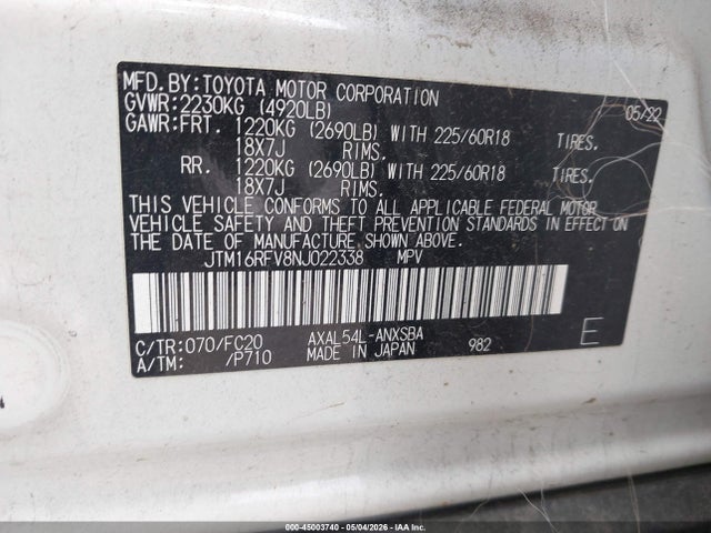 JTM16RFV8NJ022338 Toyota Rav4 Hybrid Se