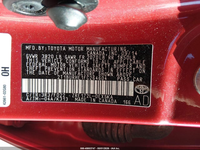 2015 Toyota Corolla S Plus მანქანა იყიდება აუქციონზე, vin: 2T1BURHE1FC264604, აუქციონის ნომერი: 45003747