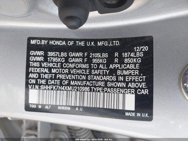Aukcja sprzedaży 2021 Honda Civic Sport, vin: SHHFK7H4XMU210986, numer aukcji: 45003753