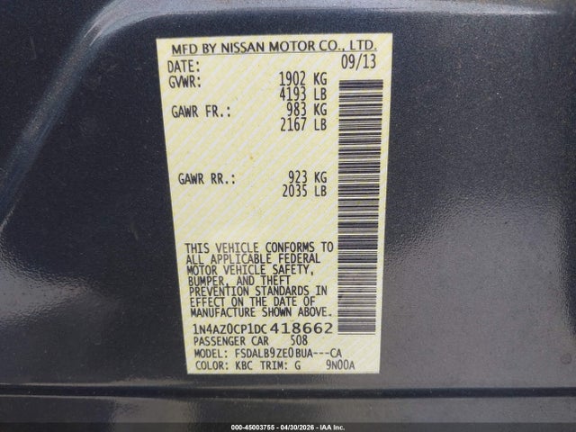 45003755 :رقم المزاد ، 1N4AZ0CP1DC418662 vin ، 2013 Nissan Leaf S مزاد بيع
