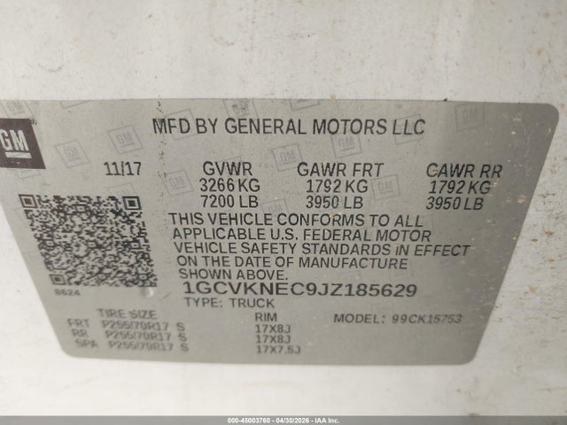 Продажа на аукционе авто 2018 Chevrolet Silverado 1500 Wt, vin: 1GCVKNEC9JZ185629, номер лота: 45003760