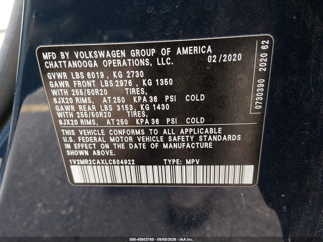 Продаж на аукціоні авто 2020 Volkswagen Atlas 3.6l V6 Sel, vin: 1V2MR2CAXLC504922, номер лоту: 45003768