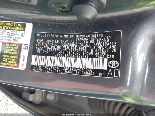 Aukcja sprzedaży 2010 Toyota Corolla Le/s/xle, vin: 2T1BU4EE8AC428799, numer aukcji: 45003770