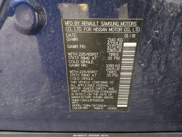 Aukcja sprzedaży 2018 Nissan Rogue Sv, vin: KNMAT2MV2JP556526, numer aukcji: 45003772