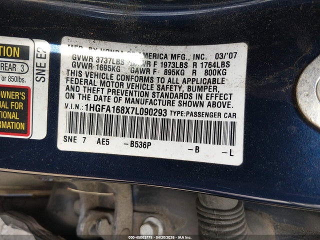 2007 Honda Civic Ex მანქანა იყიდება აუქციონზე, vin: 1HGFA168X7L090293, აუქციონის ნომერი: 45003778