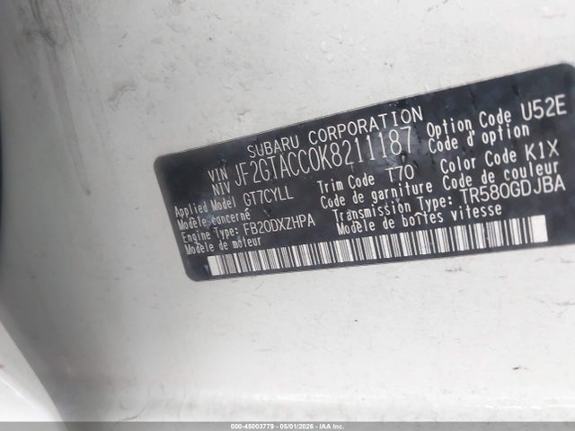 2019 Subaru Crosstrek 2.0i Premium მანქანა იყიდება აუქციონზე, vin: JF2GTACC0K8211187, აუქციონის ნომერი: 45003779