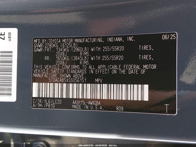 5TDACAB5XSS056151 Toyota Grand Highlander Hybrid Le/hybrid Limited/hybrid Nightshade Edition/hybrid Xle