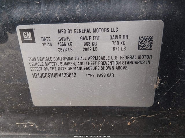 2015 Chevrolet Sonic Lt Auto მანქანა იყიდება აუქციონზე, vin: 1G1JC6SH0F4138813, აუქციონის ნომერი: 45003787