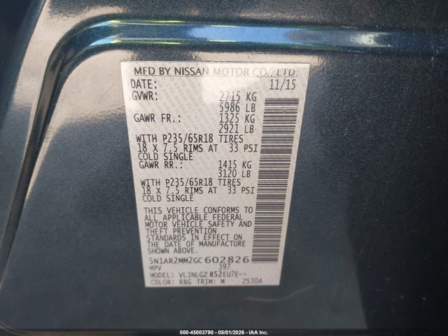 45003790 :رقم المزاد ، 5N1AR2MM2GC602826 vin ، 2016 Nissan Pathfinder Sl مزاد بيع