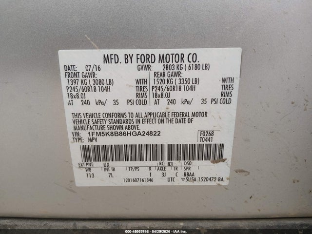 1FM5K8B86HGA24822 Ford Explorer