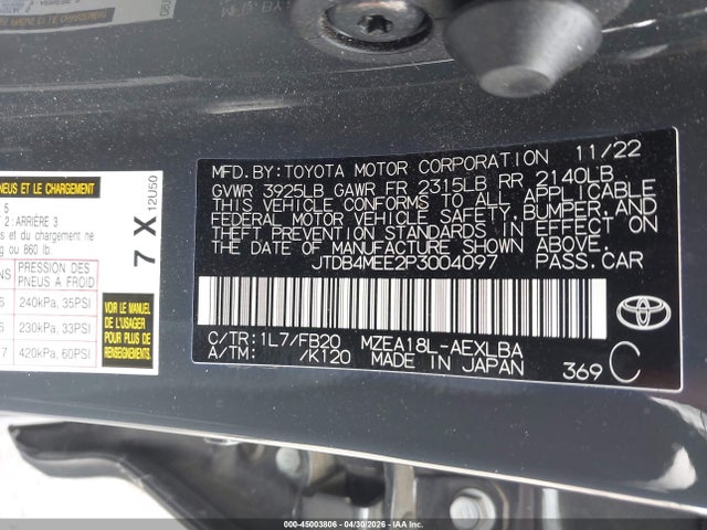 Продаж на аукціоні авто 2023 Toyota Corolla Le, vin: JTDB4MEE2P3004097, номер лоту: 45003806