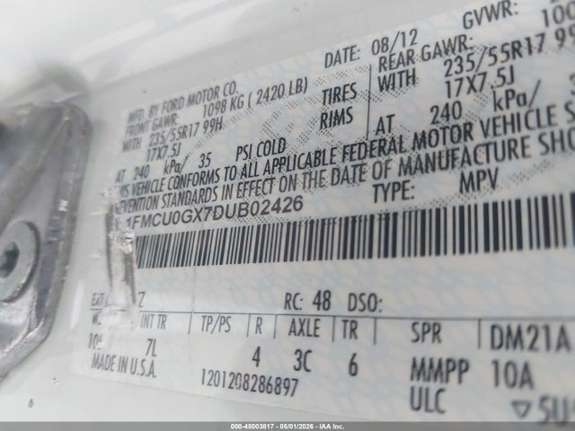 2013 Ford Escape Se მანქანა იყიდება აუქციონზე, vin: 1FMCU0GX7DUB02426, აუქციონის ნომერი: 45003817