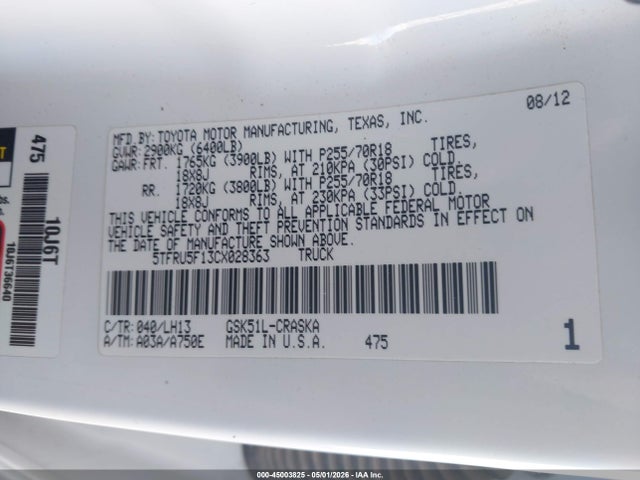 Aukcja sprzedaży 2012 Toyota Tundra Grade V6, vin: 5TFRU5F13CX028363, numer aukcji: 45003825