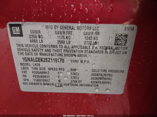 Продажа на аукционе авто 2014 Chevrolet Equinox 2lt, vin: 1GNALCEK2EZ119170, номер лота: 45003830