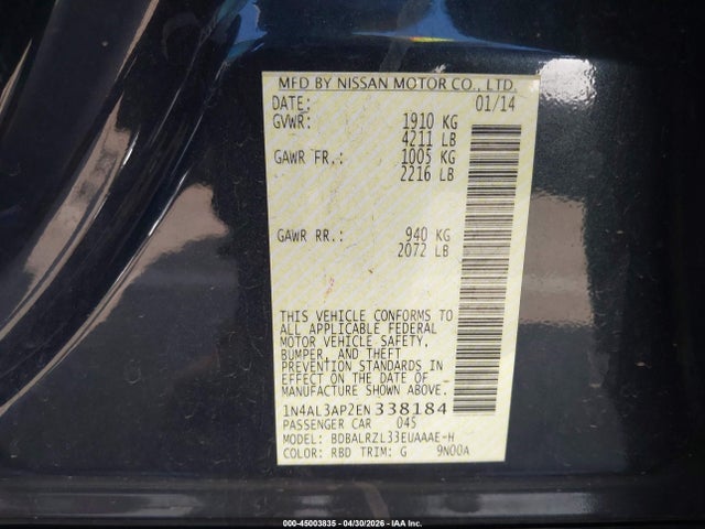 1N4AL3AP2EN338184 Nissan Altima 2.5 S