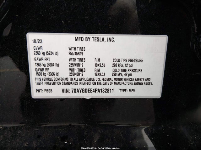 Aukcja sprzedaży 2023 Tesla Model Y Awd/long Range Dual Motor All-wheel Drive, vin: 7SAYGDEE4PA182811, numer aukcji: 45003839