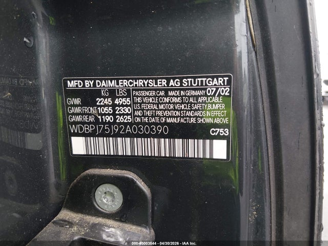 45003844 :رقم المزاد ، WDBPJ75J92A030390 vin ، 2002 Mercedes-benz Cl 500 مزاد بيع