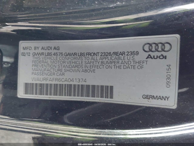 Aukcja sprzedaży 2012 Audi A5 2.0t Premium, vin: WAURFAFR6CA041374, numer aukcji: 45003845