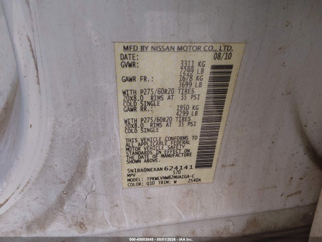 Продаж на аукціоні авто 2010 Nissan Armada Platinum, vin: 5N1BA0NEXAN624141, номер лоту: 45003848