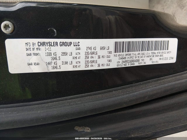 Продажа на аукционе авто 2011 Chrysler Town & Country Touring, vin: 2A4RR5DG6BR646888, номер лота: 45003850