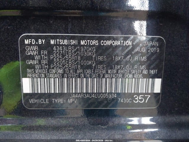 Aukcja sprzedaży 2020 Mitsubishi Outlander Sport 2.0 Be Awc/2.0 Es Awc/2.0 Se Awc/2.0 Sp Awc, vin: JA4AR3AU4LU005934, numer aukcji: 45003854