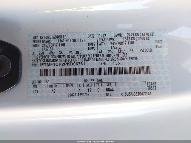 Aukcja sprzedaży 2023 Ford F-150 Xl/xlt, vin: 1FTMF1CP2PKD06761, numer aukcji: 45003856