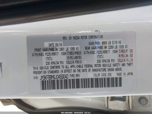 Aukcja sprzedaży 2018 Mazda Cx-5 Sport, vin: JM3KFBBM9J0459040, numer aukcji: 45003865