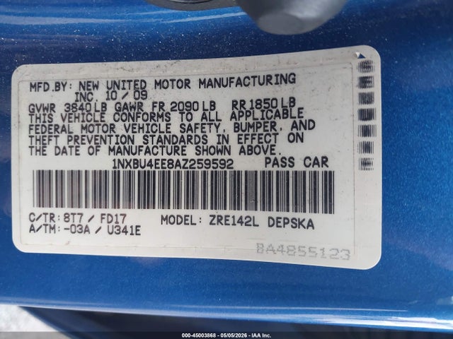 2010 Toyota Corolla S მანქანა იყიდება აუქციონზე, vin: 1NXBU4EE8AZ259592, აუქციონის ნომერი: 45003868
