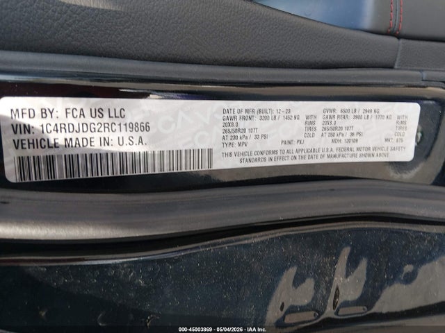 Продаж на аукціоні авто 2024 Dodge Durango Gt Plus Awd, vin: 1C4RDJDG2RC119866, номер лоту: 45003869