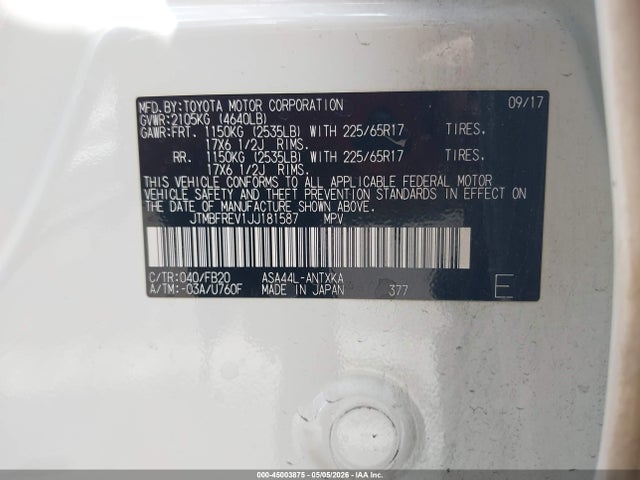 45003875 :رقم المزاد ، JTMBFREV1JJ181587 vin ، 2018 Toyota Rav4 Le مزاد بيع
