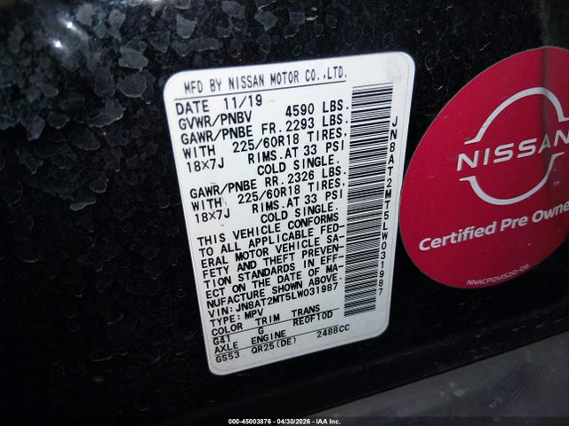 JN8AT2MT5LW031987 Nissan Rogue Sv Fwd