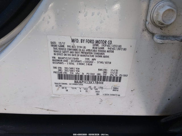 45003889 :رقم المزاد ، MAJ6P1CL3JC178444 vin ، 2018 Ford Ecosport Ses مزاد بيع