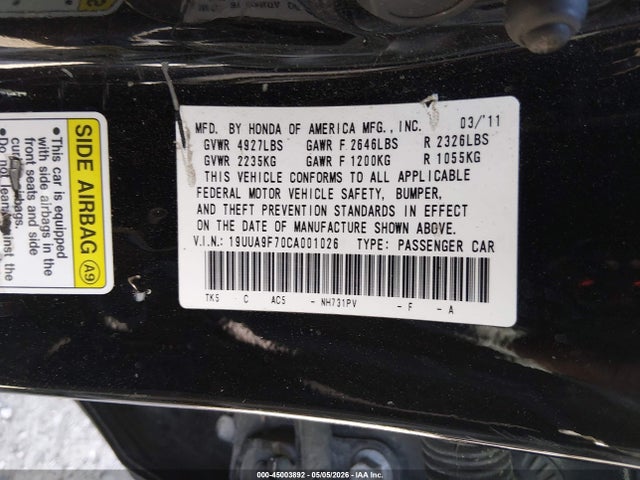 45003892 :رقم المزاد ، 19UUA9F70CA001026 vin ، 2012 Acura Tl 3.7 مزاد بيع