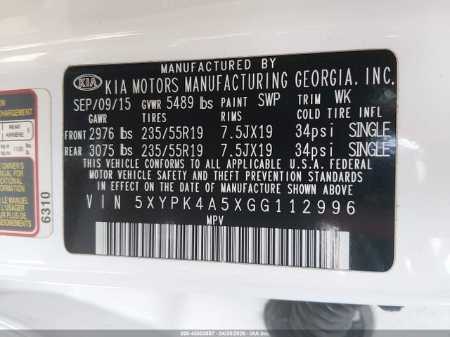 Продаж на аукціоні авто 2016 Kia Sorento Sx/sx Limited, vin: 5XYPK4A5XGG112996, номер лоту: 45003897