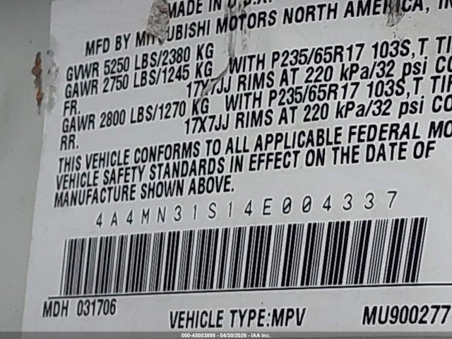 45003898 :رقم المزاد ، 4A4MN31S14E004337 vin ، 2004 Mitsubishi Endeavor Xls مزاد بيع