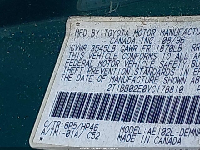 1997 Toyota Corolla Dx მანქანა იყიდება აუქციონზე, vin: 2T1BB02E0VC178810, აუქციონის ნომერი: 45003899