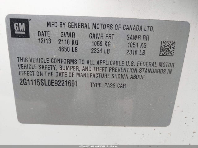 Продаж на аукціоні авто 2014 Chevrolet Impala 1lt, vin: 2G1115SL0E9221691, номер лоту: 45003916