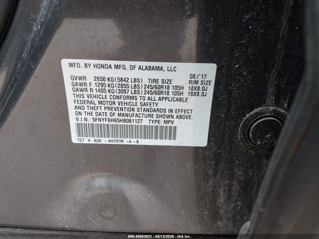 45003931 :رقم المزاد ، 5FNYF6H65HB061127 vin ، 2017 Honda Pilot Ex-l مزاد بيع