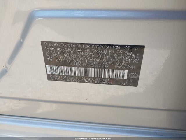 Aukcja sprzedaży 2012 Lexus Es 350, vin: JTHBK1EG3C2512289, numer aukcji: 45003941