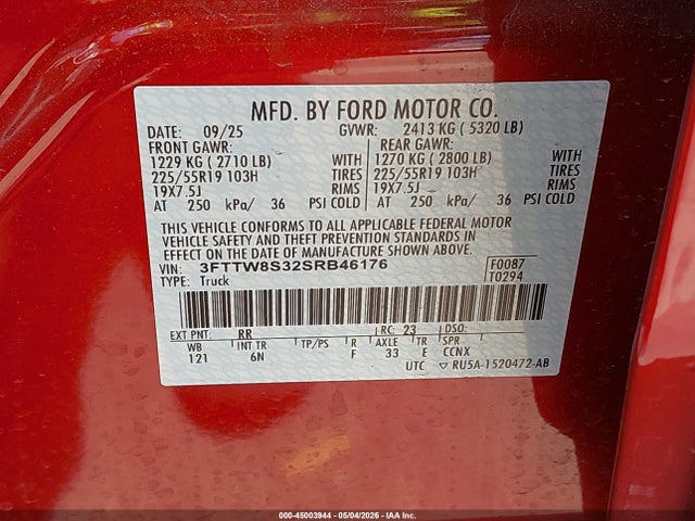 45003944 :رقم المزاد ، 3FTTW8S32SRB46176 vin ، 2025 Ford Maverick Lariat مزاد بيع